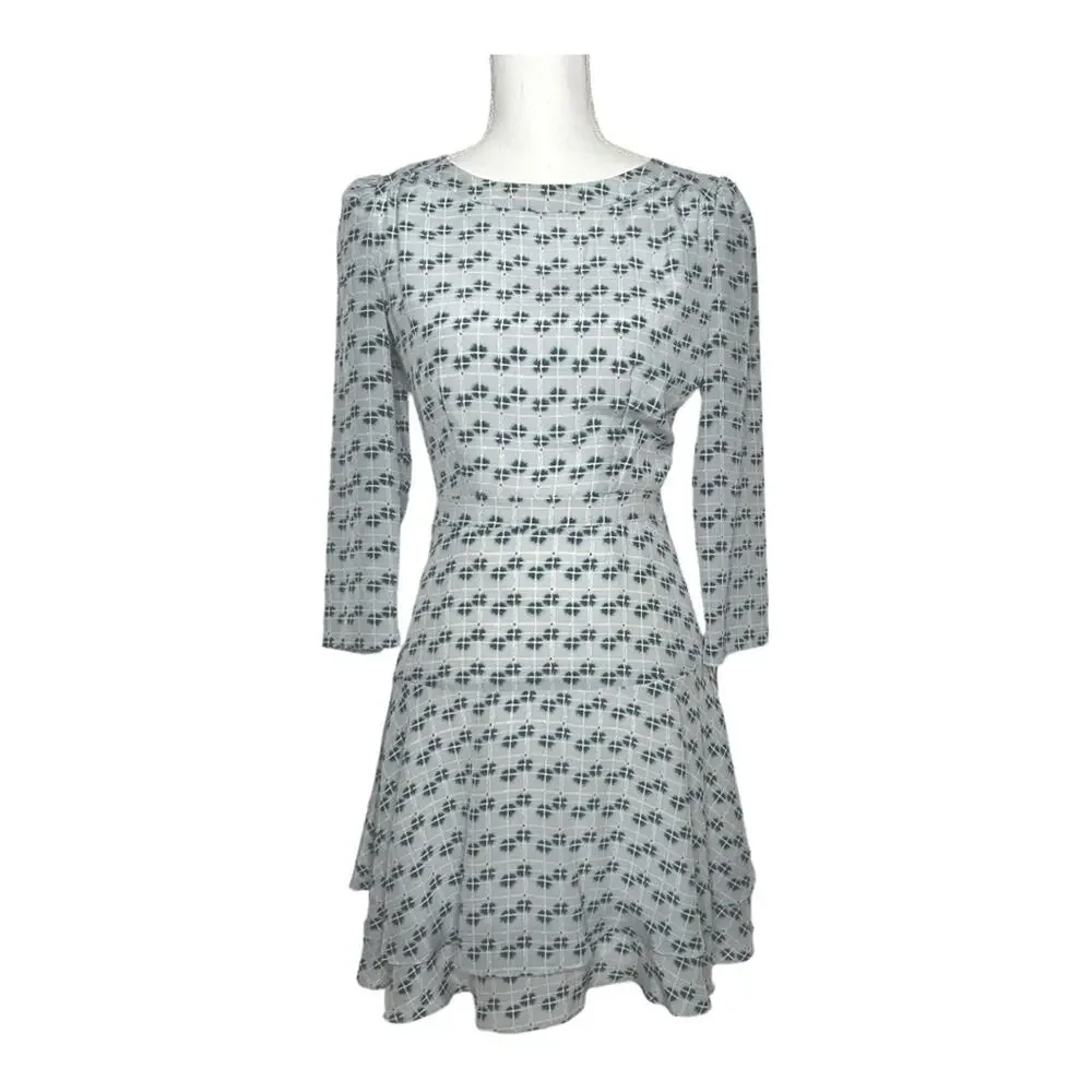 Reiss Giselle Watercolor Three-Quarter Sleeve Blue Geo Print Silk Dress Size 4